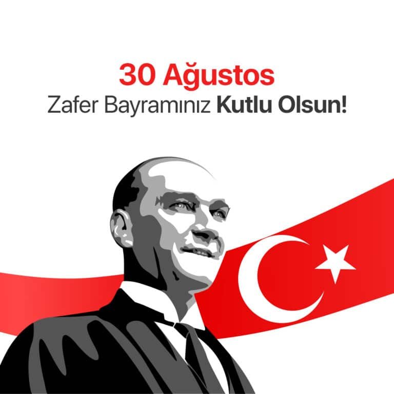 Bu görselde illustrasyon siyah beyaz mustafa kemal atatürk portresi ön planda duruyor ve arkasından kurdele şeklinde kırmızı bir türk bayrağı geçiyor. Görselin üzerinde 30 agustos zafer bayramınız kutlu olsun yazısı bulunuyor. Bu görsel 30 ağustos zafer bayramını kutlayan bir sosyal medya gönderisi