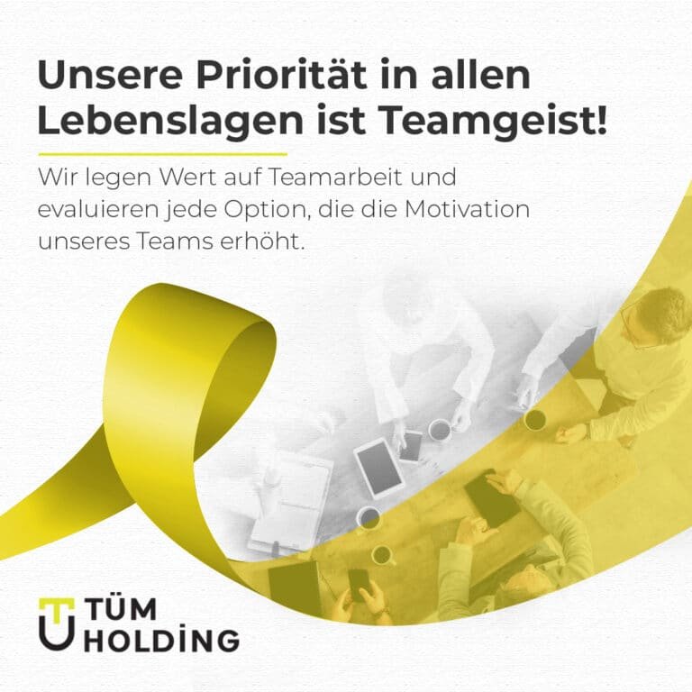 Bu görselde beyaz zemin üzerinde sarı bir kurdele yer alıyor. Kurdelenin üzerinde silik olarak gözüken ofis ortamı yer alıyor ve almanca Lebenstaggen ıst teamgelst yazıyor. Bu görsel Tüm Holding'in almanya hesabı için hazırlanmış bir sosyal medya gönderisidir