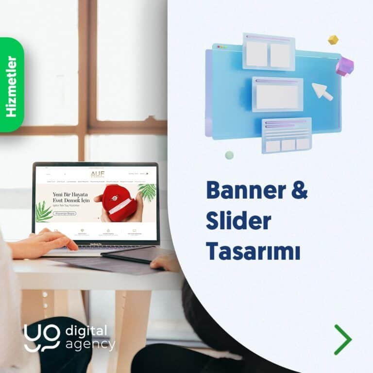 Bu görselde bir masanın üzerinde duran laptop ekranında e-ticaret sitesi görüntüsü yer alıyor. Fotoğrafın üzerinde yana kaydırmak için bir banner bulunuyor. Bu görselin üzerinde Banner & Slider tasarımı yazıyor. Bu görselin instagram için hazırlanmış kaydırmalı bir gönderi olduğu anlaşılıyor.