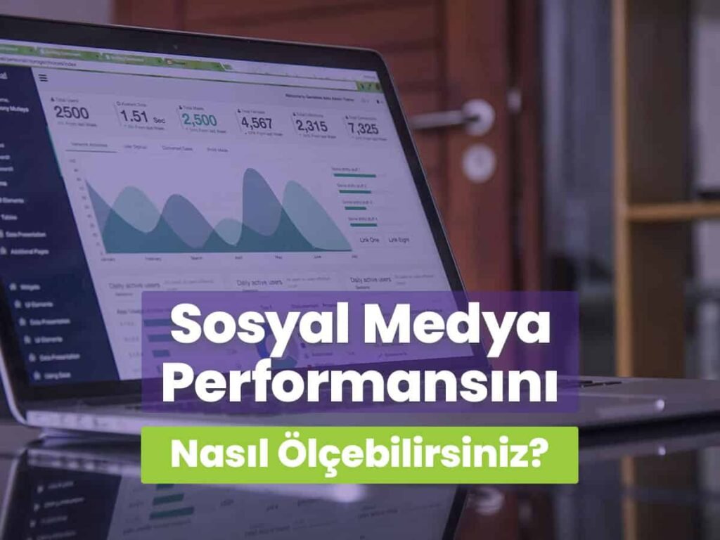 Bu görselde bir laptop ekranında analiz sayfası gözüküyor üzerinde sosyal medya performansını nasıl ölçebilirsiniz yazıyor.