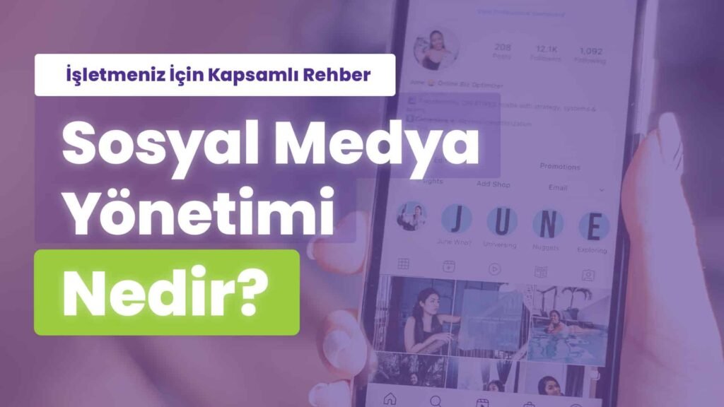 Bu görselde elinde tuttuğu akıllı telefon ekranından instagram profili gözüken bir el görülüyor. Görselin üzerinde Sosyal medya yönetimi nedir? yazısı öne çıkıyor