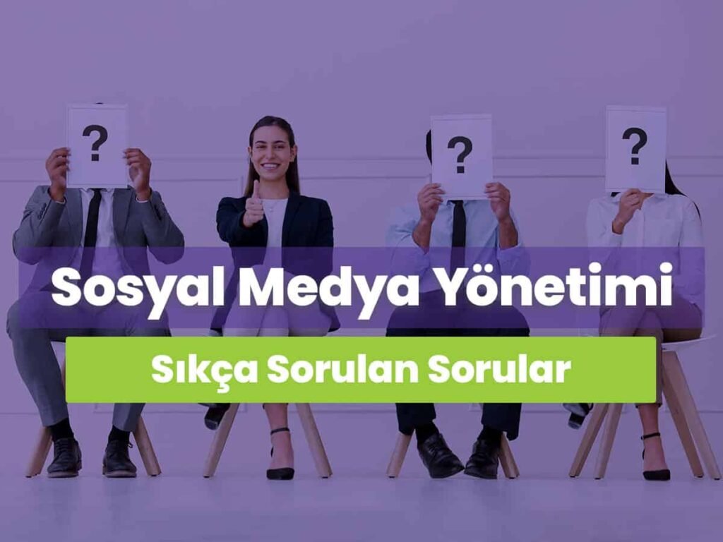 bu görselde 4 farklı sandalyeye oturan 4 iş insanından 3 tanesi kafasına soru işareti tutarken 1 tane mutlu iş insanı ekrana gülümseyerek eliyle "ok" işareti yapıyor. Fotoğrafın üzerinde Sosyal medya yönetimi hakkında sıkça sorulan sorular yazıyor.