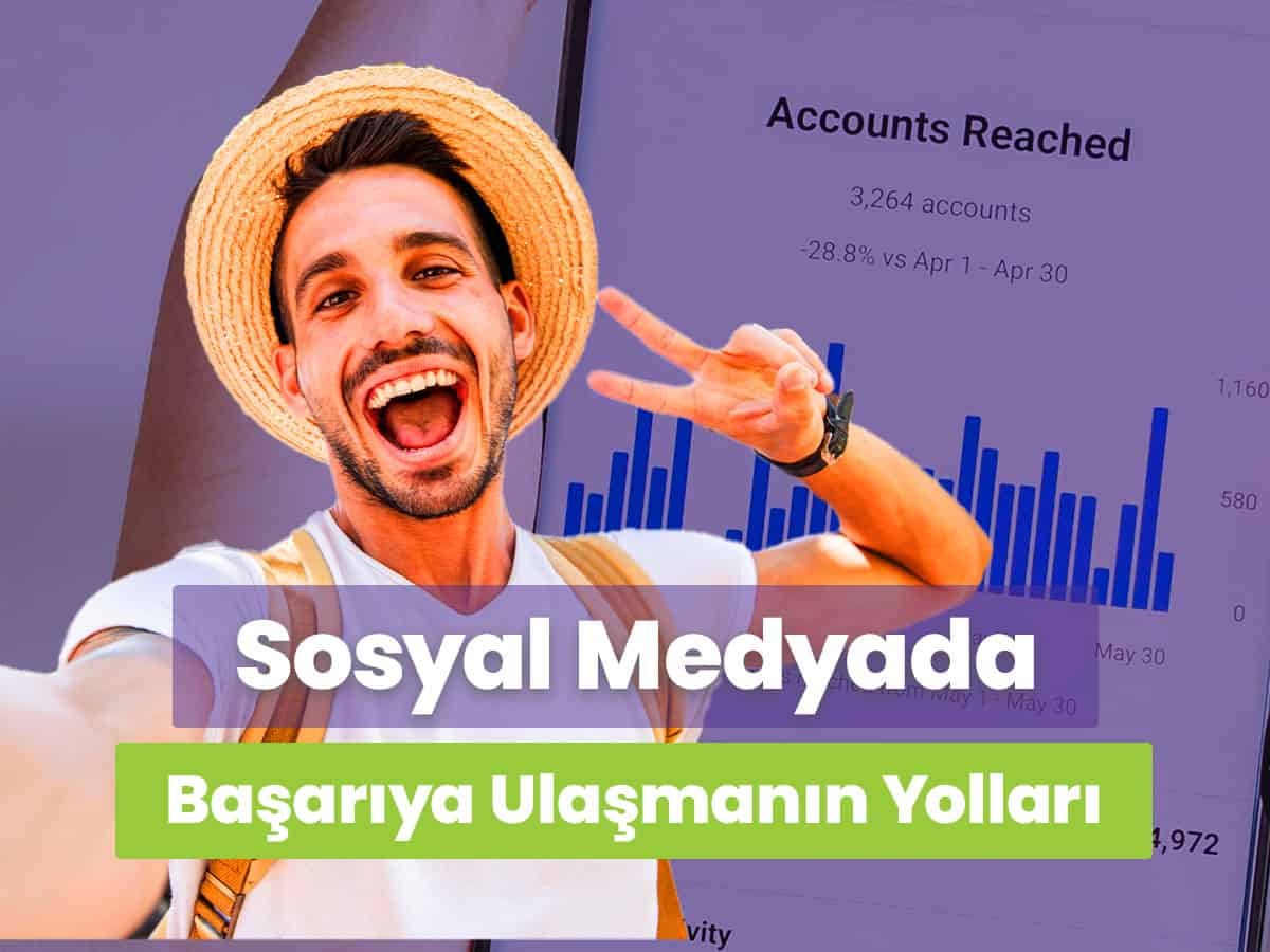 Bu görselde arka planda sosyal medya istatistikleri yer alıyor. Ön planda ise selfie çeken eli eli zafer işareti yapan mutlu bir influencer yer alıyor. Fotoğrafın üzerinde "Sosyal medyada başarılı olmanın yolları" yazıyor